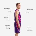 Back view of custom purple basketball uniform showing player name and number placement on the jersey and shorts