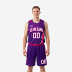 Custom purple basketball uniform set with pink lightning bolt side panel and crackle shoulder design, front and back view of sleeveless jersey and matching shorts
