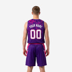 Opposite side view of custom purple basketball uniform with pink lightning panel detail on the shorts and jersey hem split