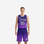 Purple and navy pinstripe custom basketball uniform full set front and back view with silver team name and player numbers