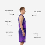 Back view of custom purple basketball uniform showing back number placement and navy gradient pinstripe pattern