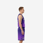 Men's purple basketball uniform pinstripe jersey and shorts set front view showing arched team name and number 00