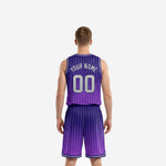 Other side view of custom purple pinstripe basketball uniform showing jersey length and shorts side panel