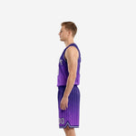Side view of purple and navy gradient pinstripe basketball uniform set showing armhole binding and shorts hem detail