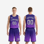 Size and specification sheet for the custom purple and navy pinstripe basketball uniform set for youth and adult rosters