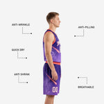 Detail view of the purple basketball uniform set showing coral trim, nebula shading, and comet graphic on matching shorts