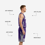 Detail view of purple basketball shorts with silver arrow graphic side panel and hex halftone hem fade