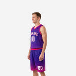 Left side view of custom purple and pink basketball uniform showing V-neck binding armhole trim and shorts waistband detail