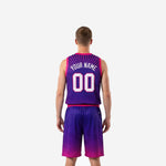 Right side view of sublimated purple basketball uniform set with halftone dot fade pattern on matching shorts