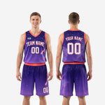 Size and specification sheet for the custom purple basketball uniform set covering youth and adult sizing options