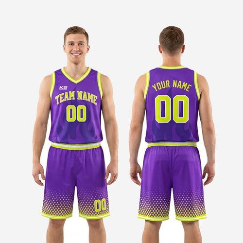 Custom purple basketball uniform size and specification sheet showing youth and adult size run for team roster orders