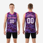Size chart for men's custom purple camo basketball jerseys showing youth and adult sizing for full roster orders