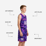 Back view of purple sublimated youth basketball jersey showing back name and number print zone on matching camo pattern