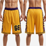 Size and specification chart for custom purple and gold sublimated basketball shorts, youth through adult sizing
