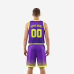 Custom sublimated purple basketball uniform back view showing player name and number placement on purple jersey and matching shorts