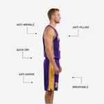 Close-up detail of purple and gold basketball uniform showing double gold neckline binding, arced team name in gold with white outline, and front number print quality