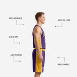 Detail view of purple and gold basketball shorts with gold elastic waistband drawcord and player number on thigh side panel