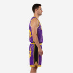 Purple and gold custom basketball uniform kit, left side view showing shorts chevron hem detail