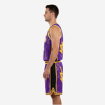 Sublimated lightning basketball uniform in purple and gold, right side view full set
