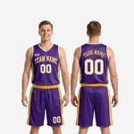Size and specification sheet for custom purple and gold basketball uniforms showing youth and adult size run for full roster orders