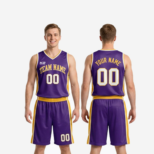 Size and specification sheet for custom purple and gold basketball uniforms showing youth and adult size run for full roster orders