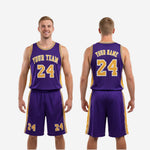 Size and specification sheet for custom purple and gold basketball uniforms showing youth and adult size run for full roster ordering
