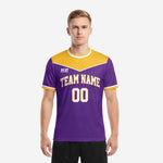 Men's custom purple and gold chevron soccer jersey with white crew neck trim and team name and number printed on the front