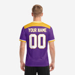 Back view of men's purple and gold chevron soccer jersey showing player name and number print zones in full-dye sublimation
