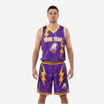 Cheap custom basketball uniform in Royal Purple and Gold with lightning bolt sublimation, front view