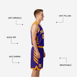 Back view of purple and gold reversible basketball uniform displaying back name, back number, and gold contrast hem binding on shorts