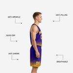 Back view of purple and gold reversible basketball uniform showing back number placement and hex-dot gradient at the jersey hem