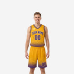 Front view of custom purple and gold reversible basketball uniform with arced team name, front number 00, and gold V-neck binding on purple side