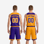 Full set view of custom purple and gold reversible basketball uniforms showing complete 2-piece jersey and shorts package
