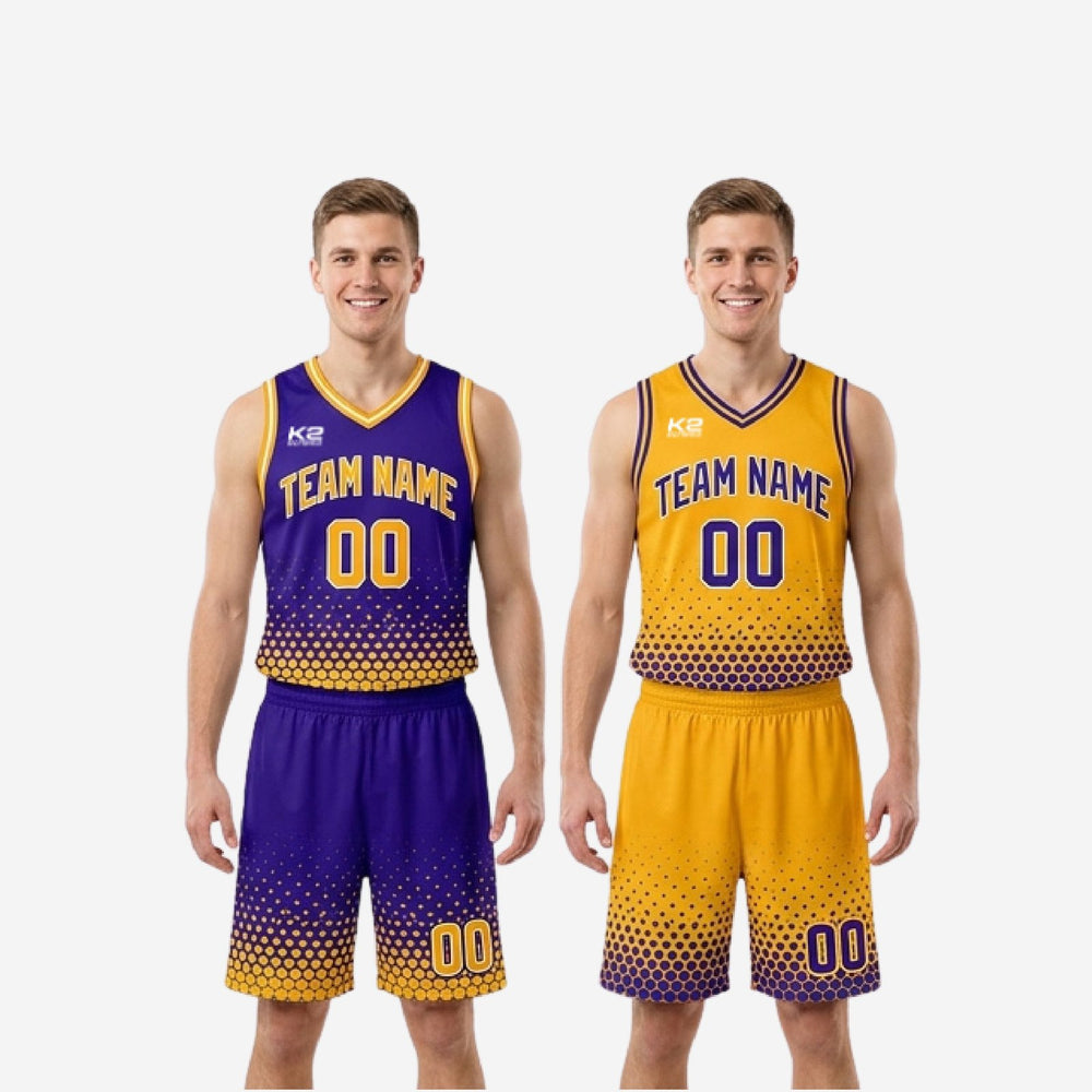 Custom Purple and Gold Reversible Basketball Uniforms - Gold Game Day Set