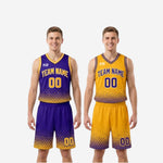 Detail shot of purple reversible basketball jersey showing rising gold hex-dot gradient dissolving from hem toward chest