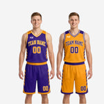 Close-up detail of sublimated purple basketball jersey showing gold arched team name, front number, and V-neck contrast binding