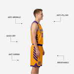 Size and specification sheet for custom purple and gold reversible basketball uniform sets covering youth and adult sizing