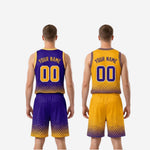 Size and specification sheet for custom purple and gold reversible basketball uniforms showing youth and adult size run