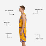 Back view of gold reversible basketball jersey with purple player name and number printed above the shorts hem
