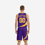Side view of purple and gold reversible basketball uniform showing V-neck binding and armhole construction