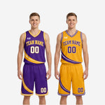 Size and specification sheet for purple and gold custom reversible basketball uniforms in youth and adult sizing