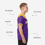 Close-up detail of athletic gold and white sleeve cuff band on men's custom purple soccer jersey