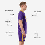 Custom purple soccer shorts with gold side panel stripe and player number on left thigh