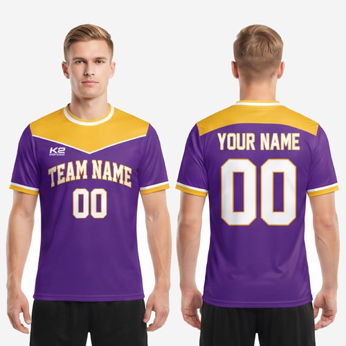 Full body view of men's sublimated purple and gold chevron soccer jersey showing crew neckline and straight hem design