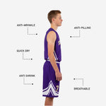 Close detail of purple basketball shorts showing sublimated double chevron white panel design and gold-outlined number on lower leg