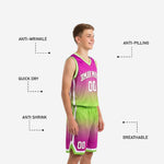 Back view of custom purple and lime green youth basketball jersey showing player name and number placement across the back