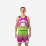Youth basketball jersey and shorts in purple-to-lime-green gradient with white V-neck binding and arced team name, front and back view