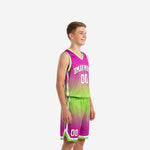 Custom youth basketball jersey and shorts showing purple and lime green gradient fade with white number 00 on the front chest