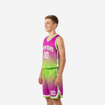 Side view of purple and lime green youth basketball jersey and shorts showing white vertical stripe panel detail on jersey and shorts