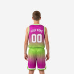 Right-side view of custom youth basketball jersey and shorts in purple and green gradient with drawcord waistband and hem stripe